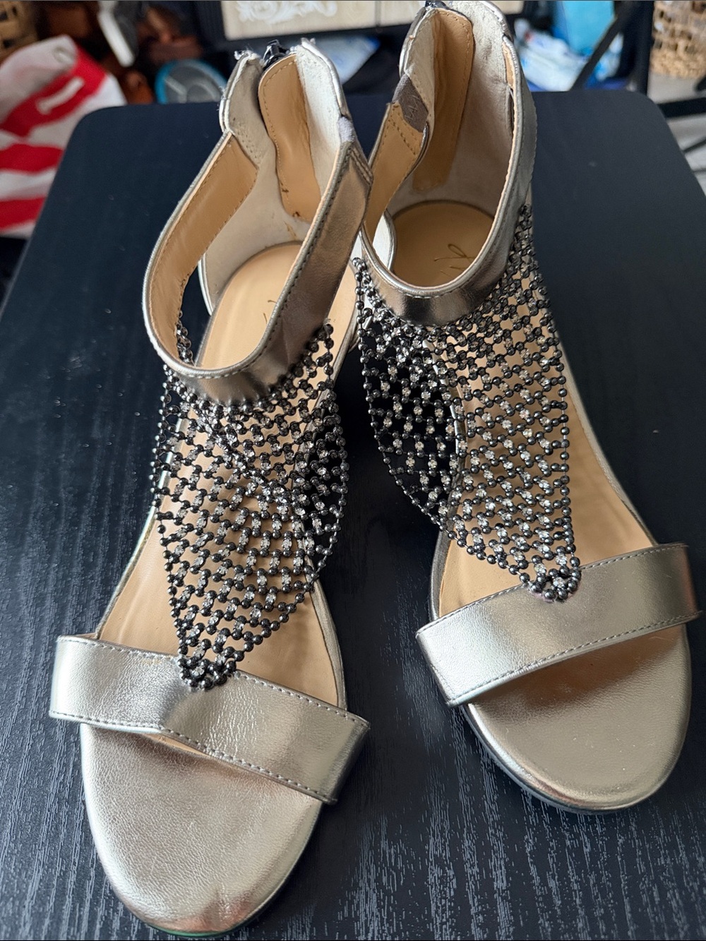 Women's Silver Beaded Ankle-Strap Sandals